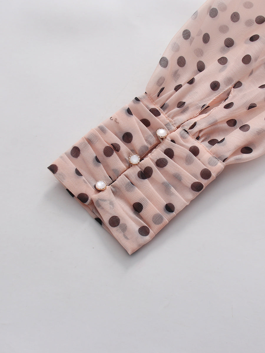 Pink Polka Dot V Neck Blouse With Waist Tie
