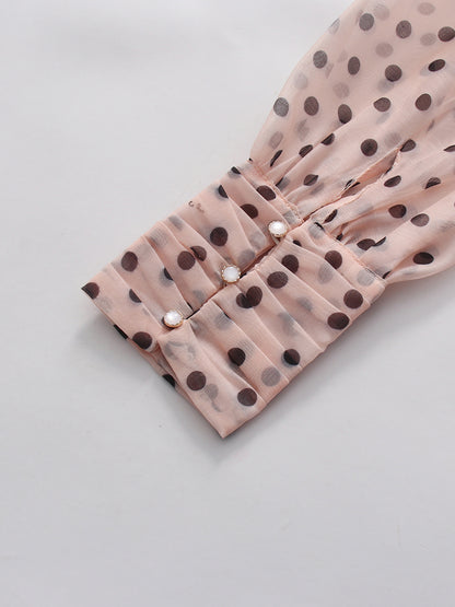Pink Polka Dot V Neck Blouse With Waist Tie