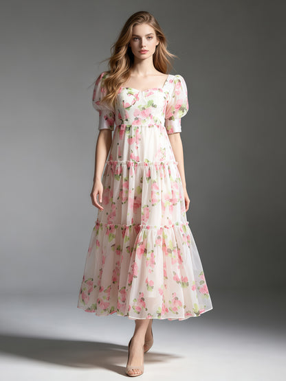 Pink Print Sweetheart Neck Puff Sleeve Midi Dress