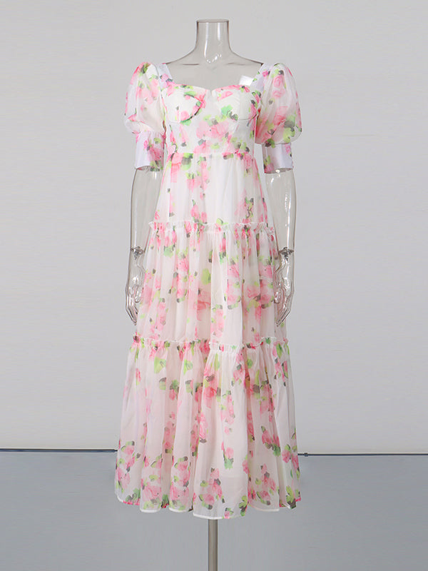 Pink Print Sweetheart Neck Puff Sleeve Midi Dress