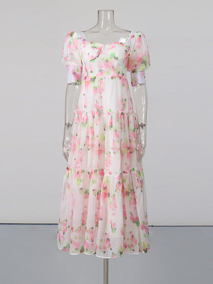 Pink Print Sweetheart Neck Puff Sleeve Midi Dress
