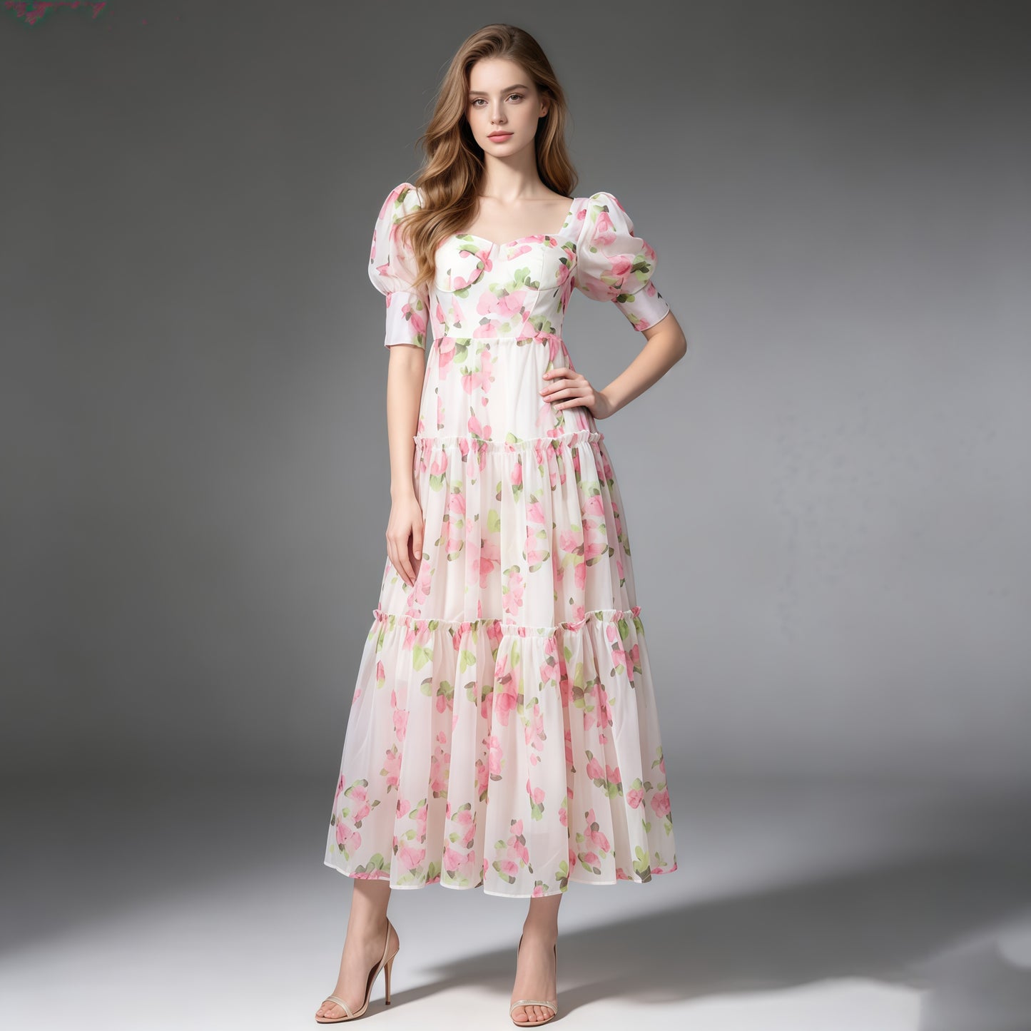 Pink Print Sweetheart Neck Puff Sleeve Midi Dress