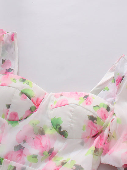 Pink Print Sweetheart Neck Puff Sleeve Midi Dress
