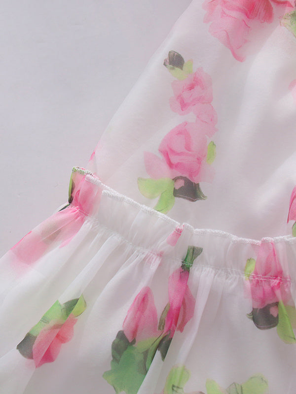 Pink Print Sweetheart Neck Puff Sleeve Midi Dress