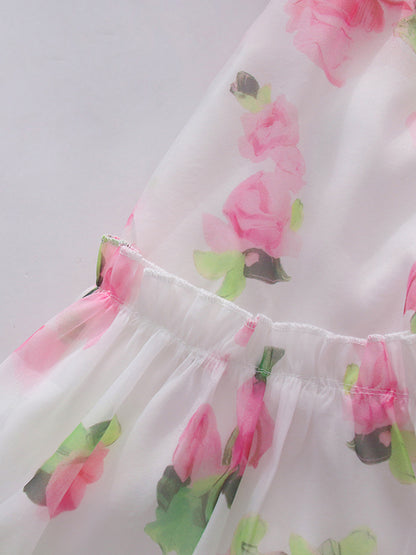 Pink Print Sweetheart Neck Puff Sleeve Midi Dress