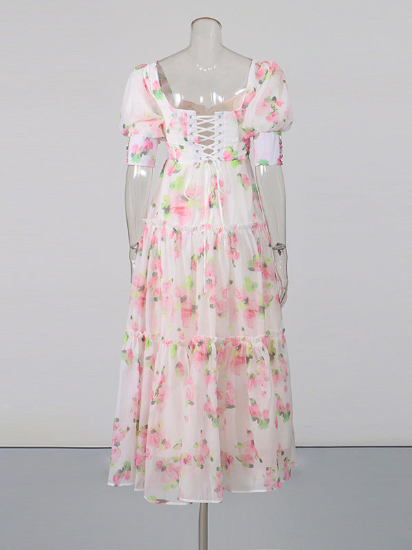 Pink Print Sweetheart Neck Puff Sleeve Midi Dress