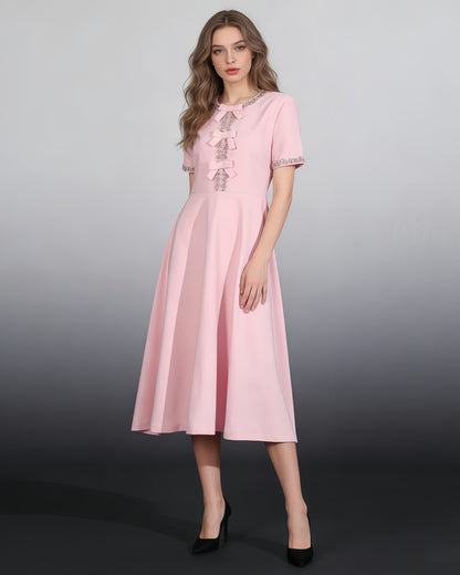 Pink Rhinestone Bow Fitted Dress