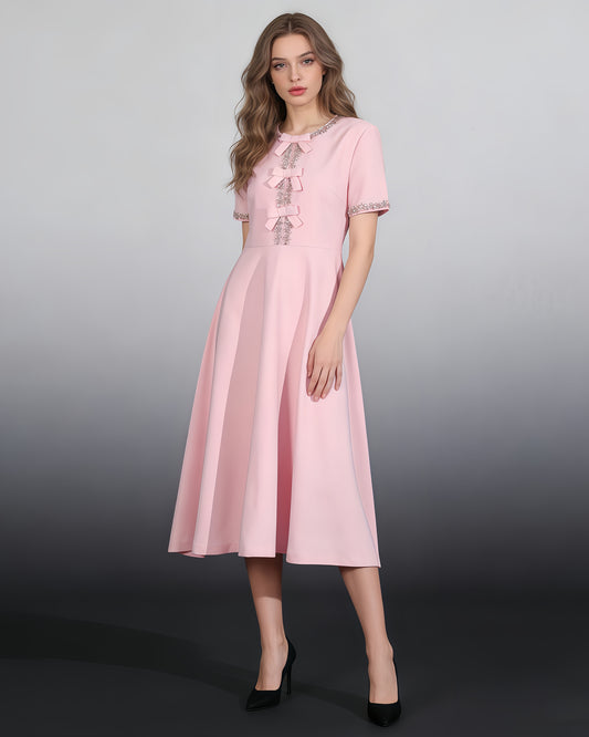 Pink Rhinestone Bow Fitted Dress