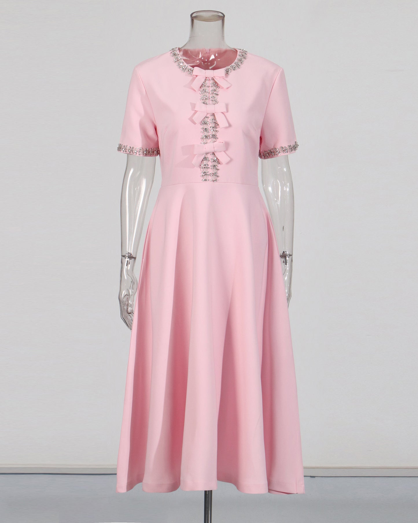 Pink Rhinestone Bow Fitted Dress