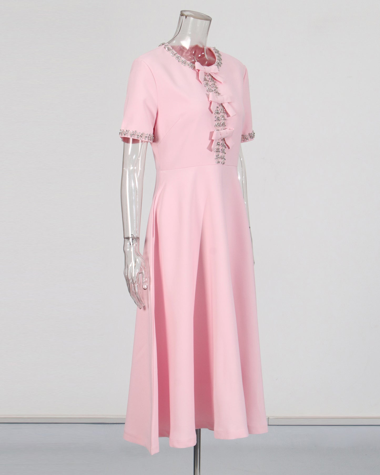 Pink Rhinestone Bow Fitted Dress