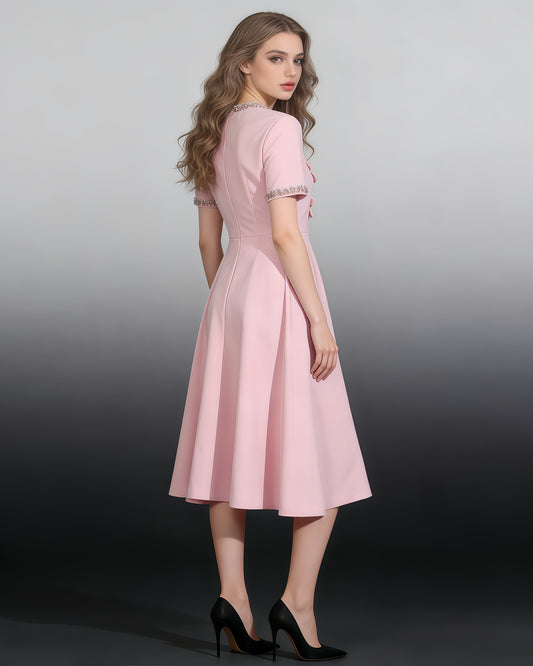 Pink Rhinestone Bow Fitted Dress
