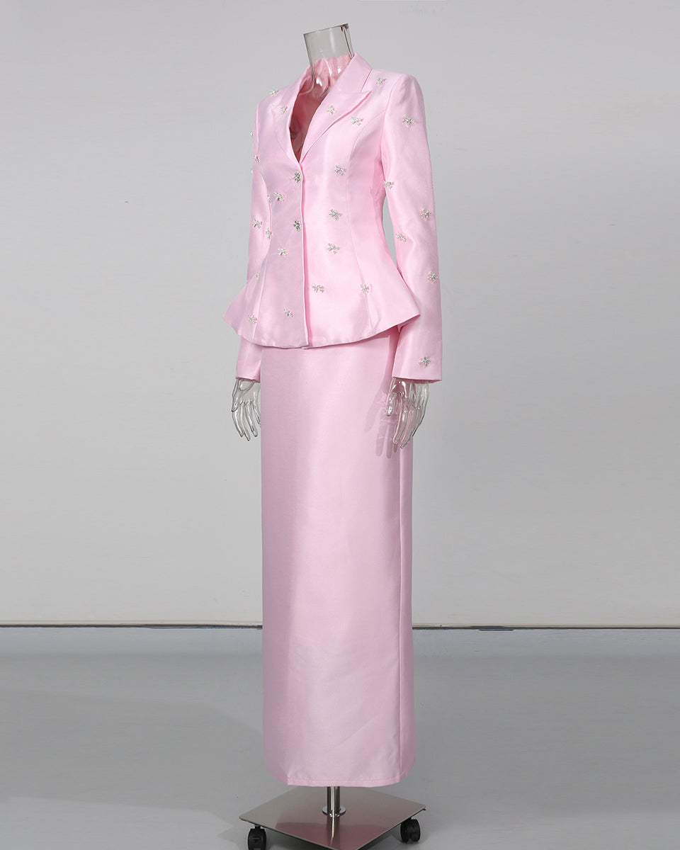 Pink Rhinestone Bow Tunic Jacket Maxi Skirt Set