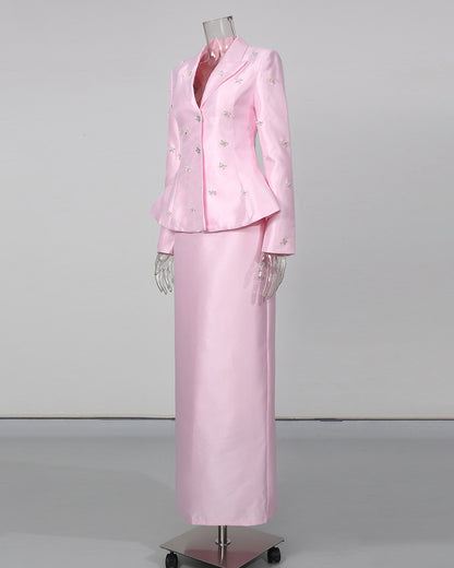 Pink Rhinestone Bow Tunic Jacket Maxi Skirt Set