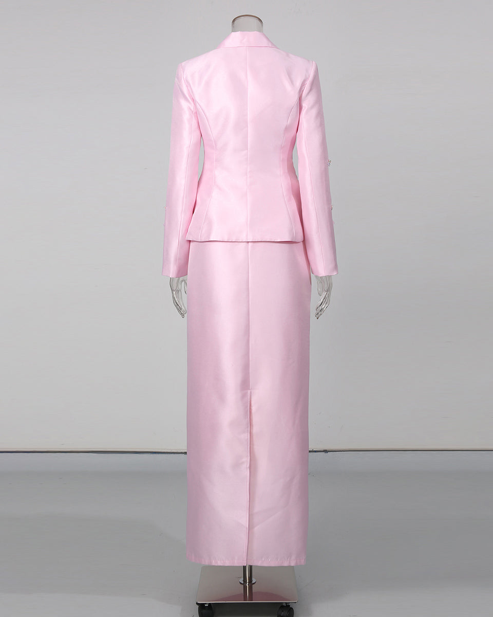 Pink Rhinestone Bow Tunic Jacket Maxi Skirt Set