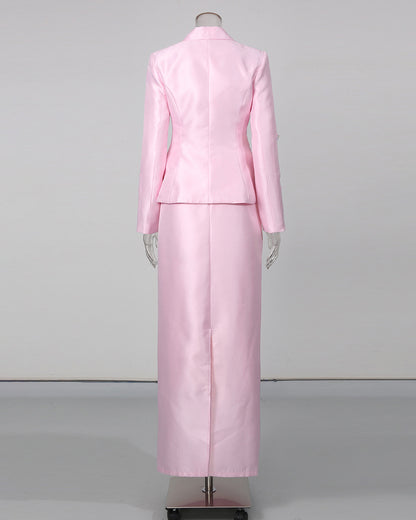 Pink Rhinestone Bow Tunic Jacket Maxi Skirt Set