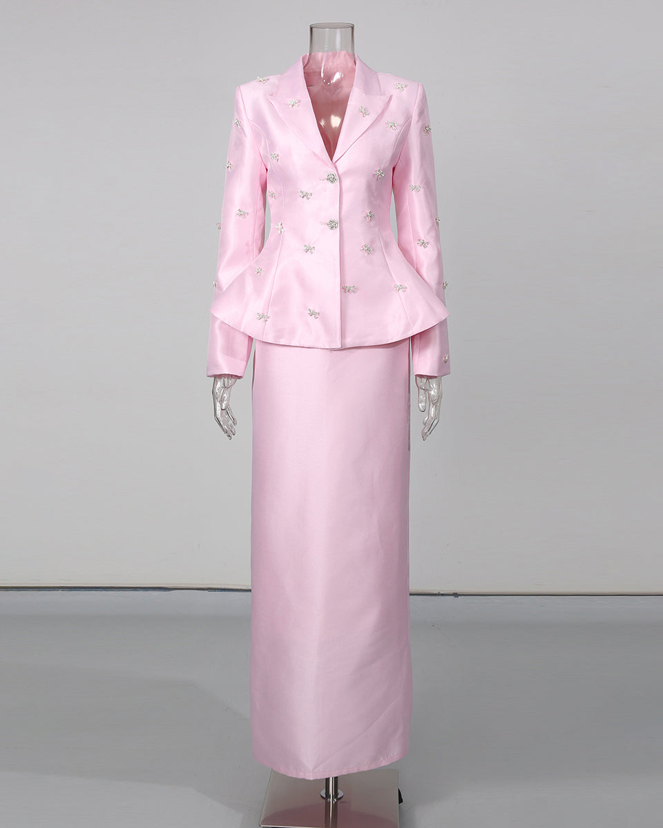 Pink Rhinestone Bow Tunic Jacket Maxi Skirt Set