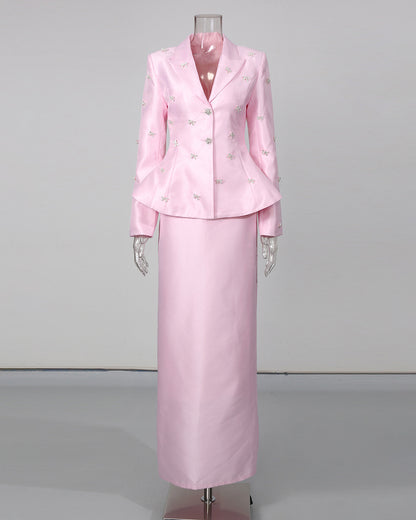 Pink Rhinestone Bow Tunic Jacket Maxi Skirt Set