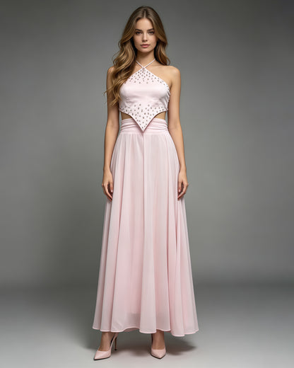 Pink Rhinestone Halter Crop Top Flowy Maxi Skirt Set
