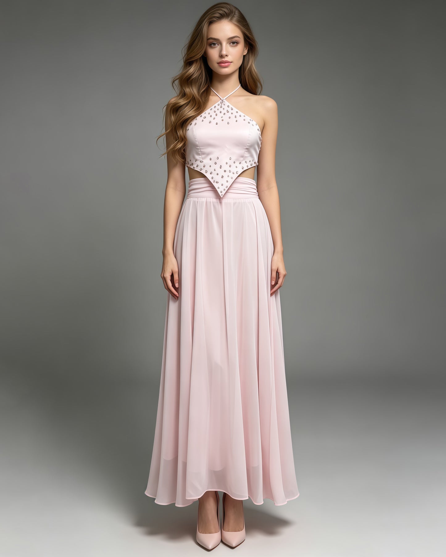 Pink Rhinestone Halter Crop Top Flowy Maxi Skirt Set