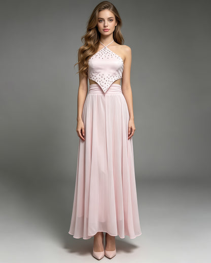 Pink Rhinestone Halter Crop Top Flowy Maxi Skirt Set