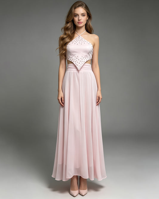Pink Rhinestone Halter Crop Top Flowy Maxi Skirt Set