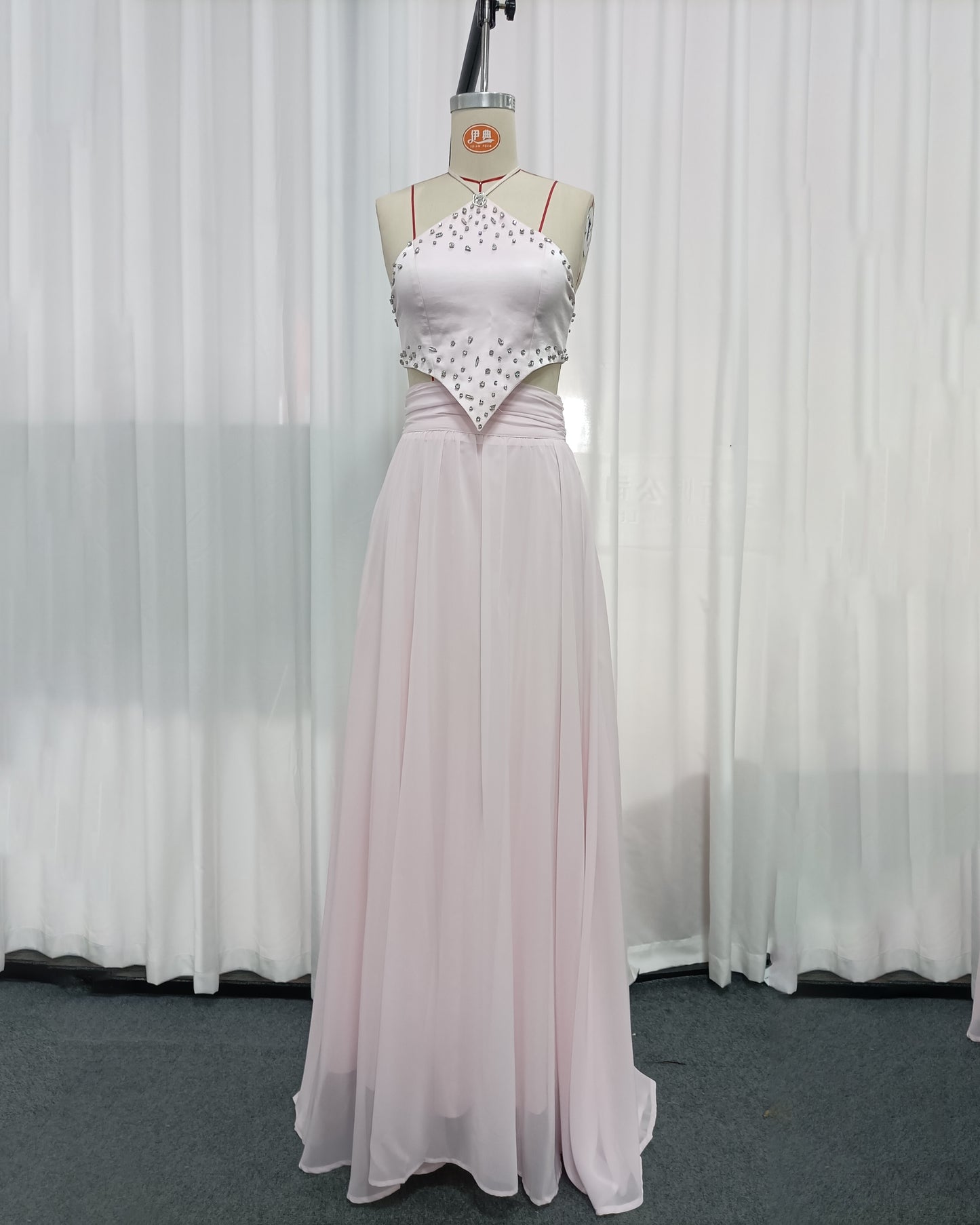 Pink Rhinestone Halter Crop Top Flowy Maxi Skirt Set