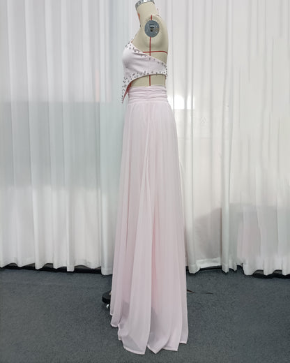 Pink Rhinestone Halter Crop Top Flowy Maxi Skirt Set