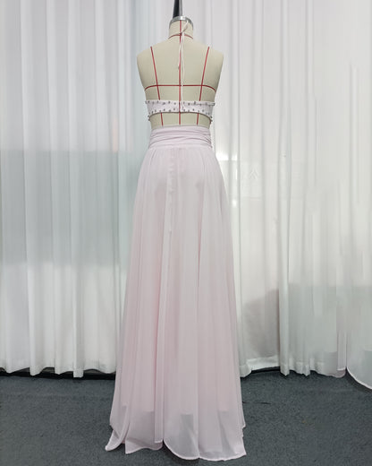 Pink Rhinestone Halter Crop Top Flowy Maxi Skirt Set