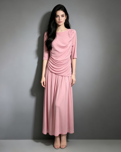 Pink Round Neck Half Sleeve Maxi Dress