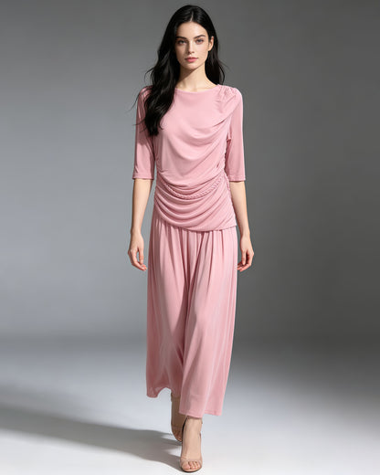 Pink Round Neck Half Sleeve Maxi Dress