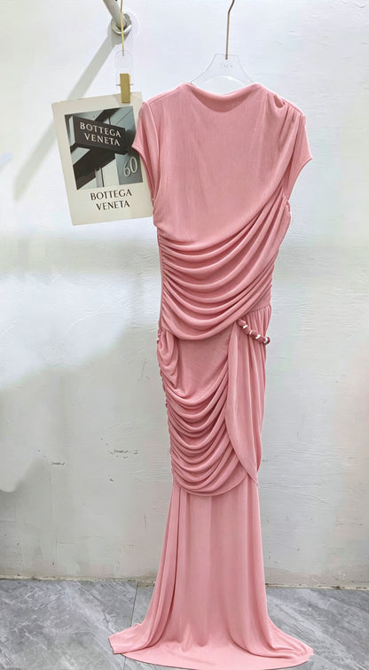 Pink Round Neck Ruched Woven Dress