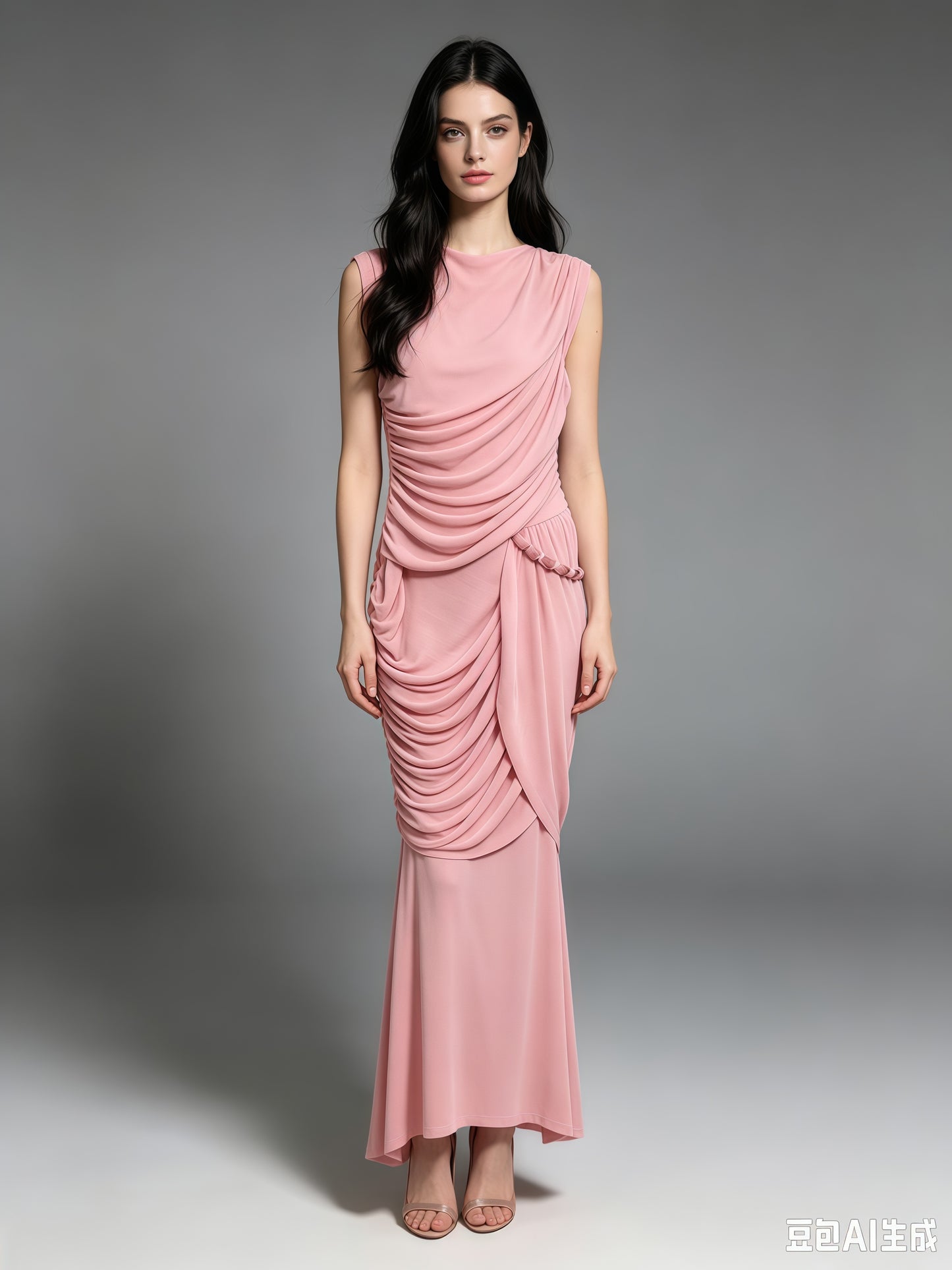 Pink Round Neck Ruched Woven Dress