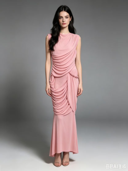 Pink Round Neck Ruched Woven Dress