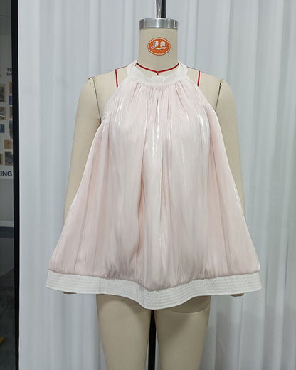 Pink Round Neck Sleeveless Ruched Blouse