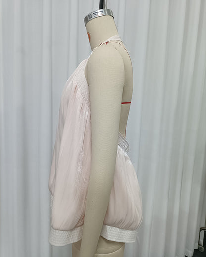 Pink Round Neck Sleeveless Ruched Blouse