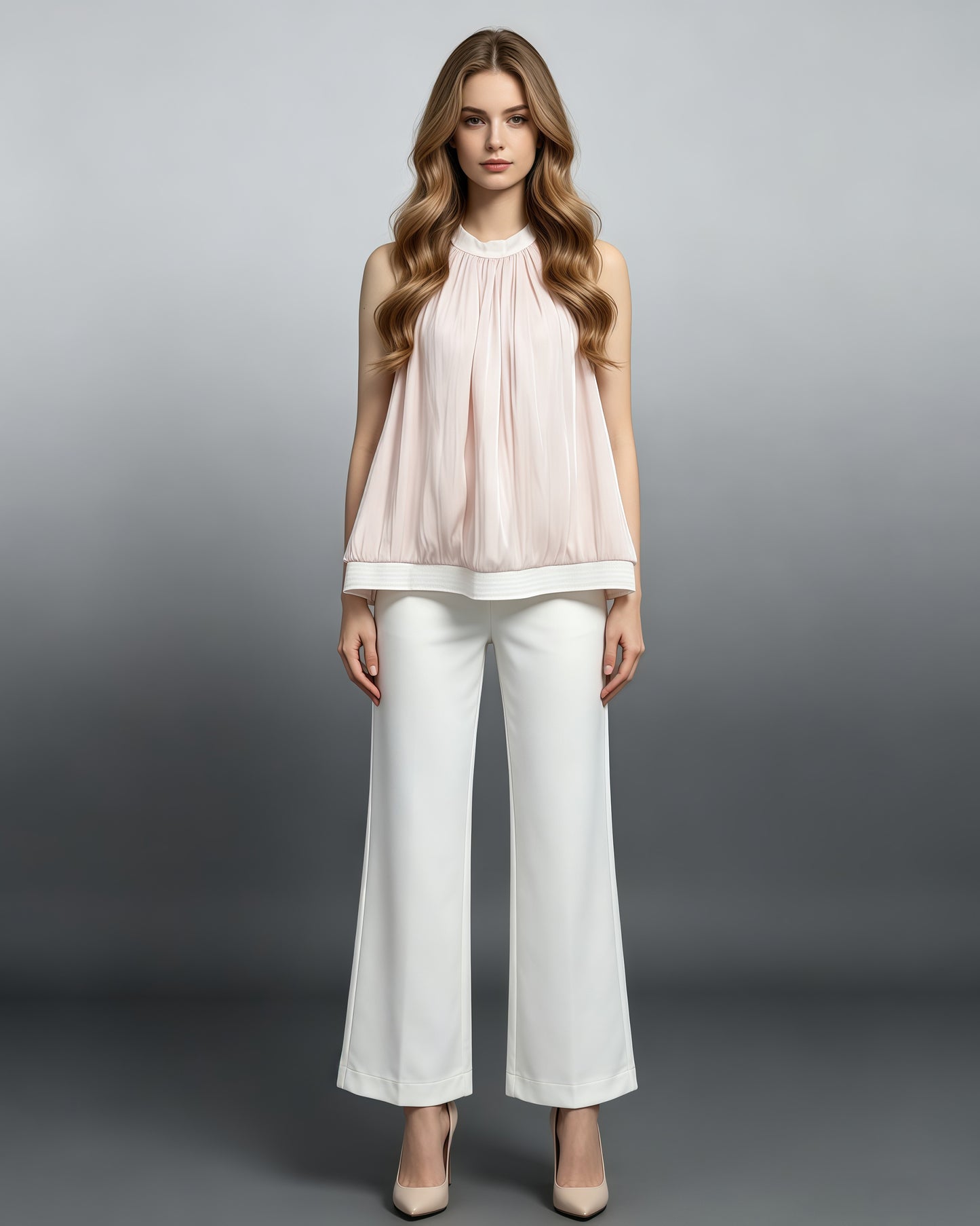 Pink Round Neck Sleeveless Ruched Blouse