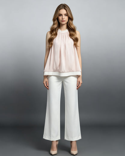 Pink Round Neck Sleeveless Ruched Blouse