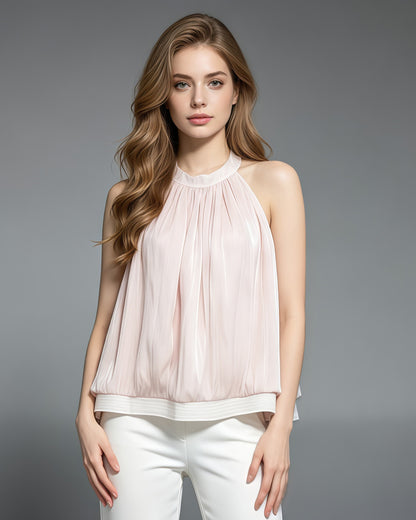 Pink Round Neck Sleeveless Ruched Blouse