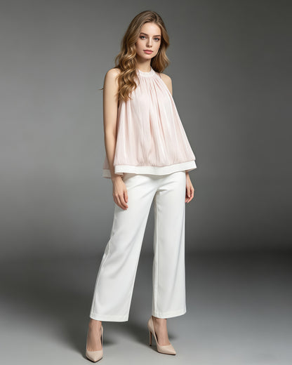 Pink Round Neck Sleeveless Ruched Blouse