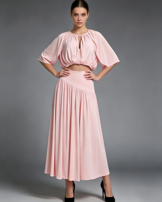 Pink Ruched Crop Top Flowy Maxi Skirt Set