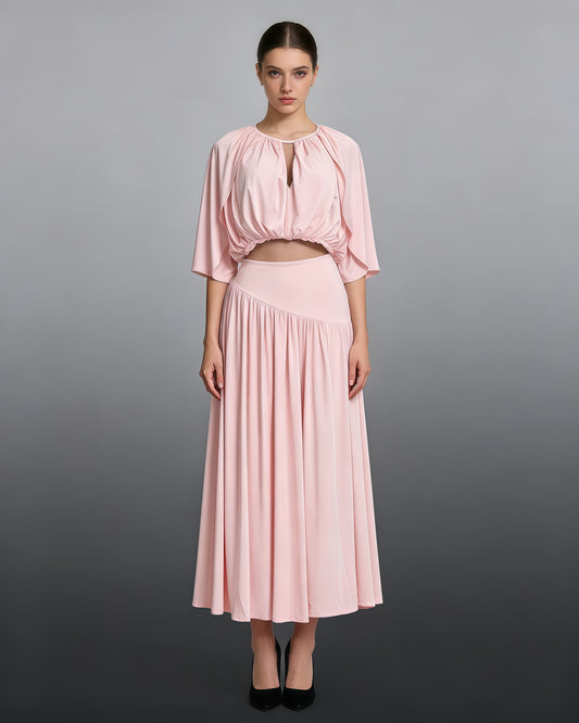 Pink Ruched Crop Top Flowy Maxi Skirt Set