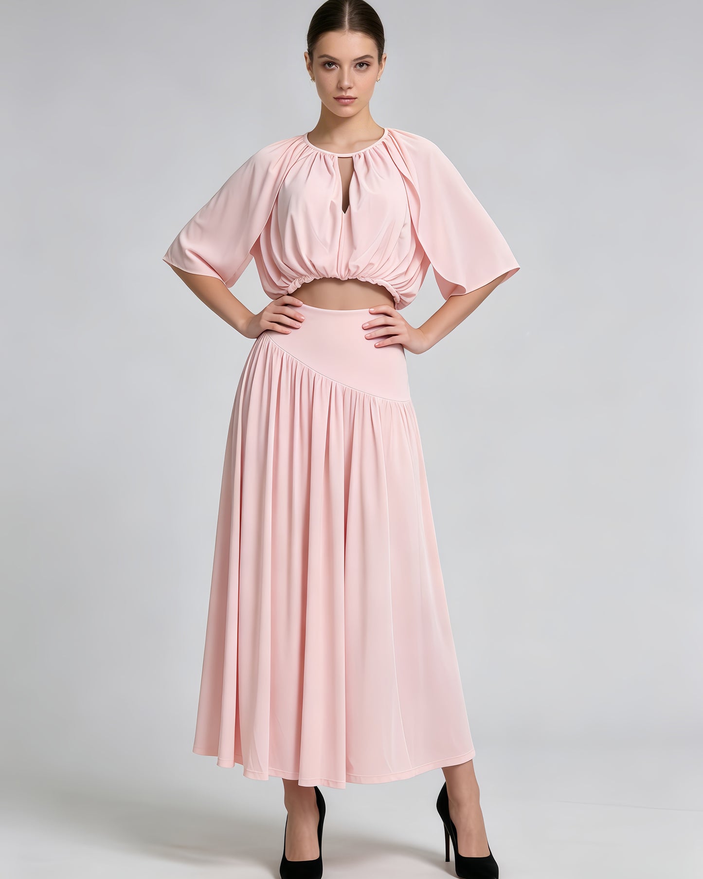 Pink Ruched Crop Top Flowy Maxi Skirt Set