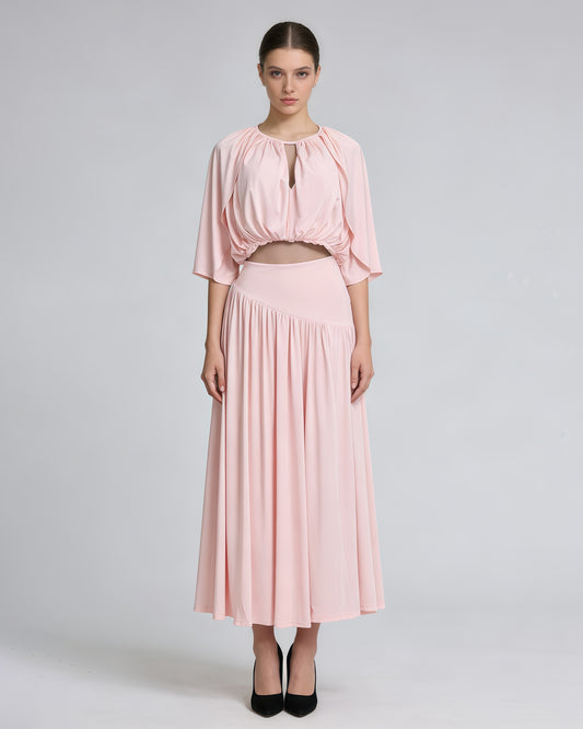 Pink Ruched Crop Top Flowy Maxi Skirt Set
