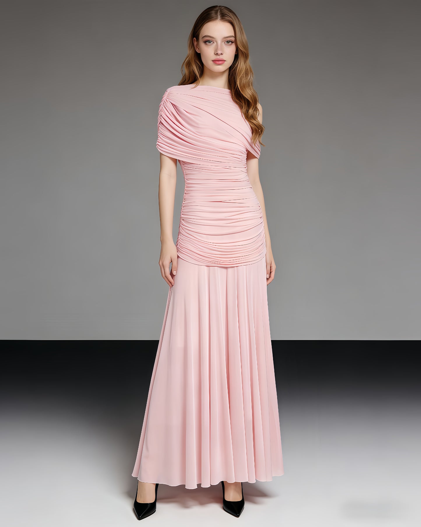 Pink Ruched Waist Draped Maxi Dress