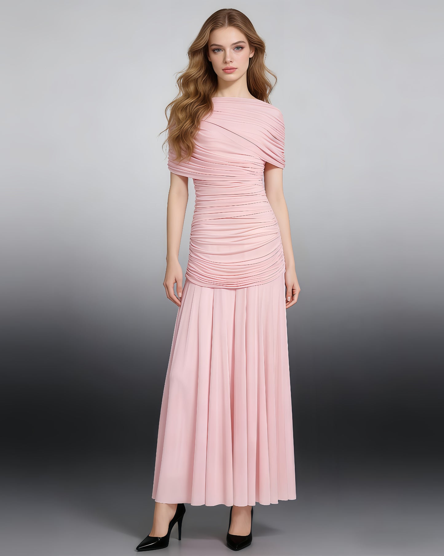 Pink Ruched Waist Draped Maxi Dress