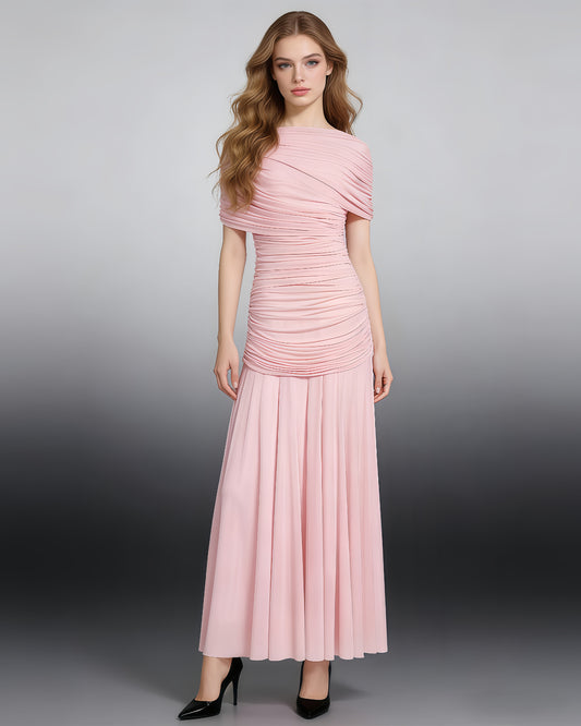 Pink Ruched Waist Draped Maxi Dress