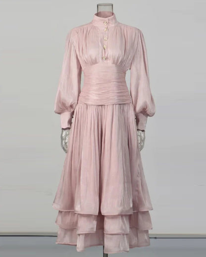 Pink Ruched Waist Tiered Midi Dress