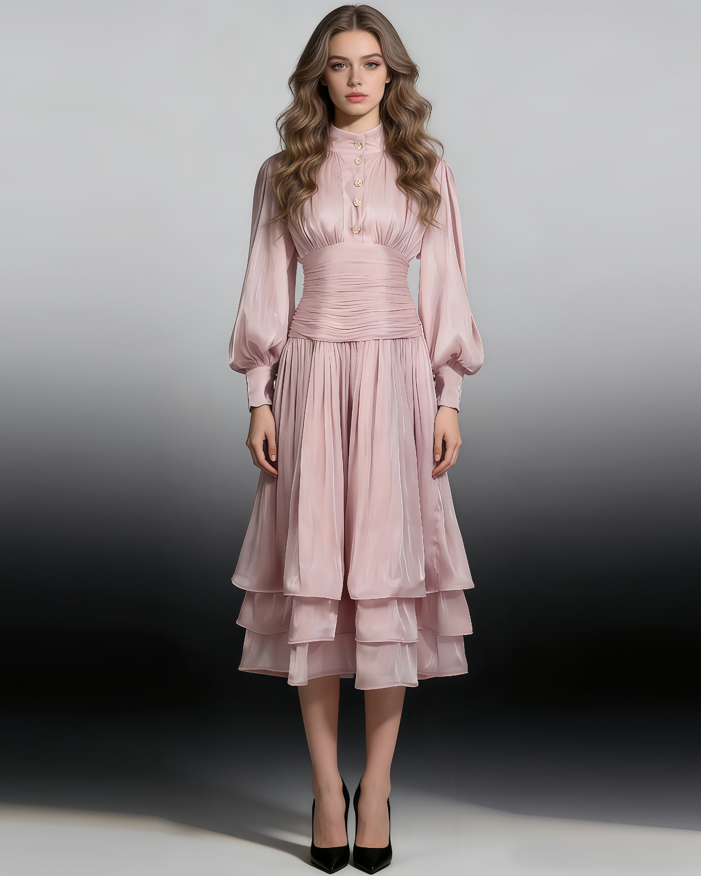 Pink Ruched Waist Tiered Midi Dress