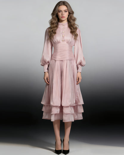 Pink Ruched Waist Tiered Midi Dress