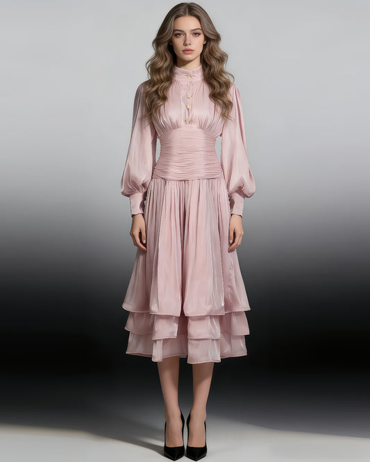 Pink Ruched Waist Tiered Midi Dress
